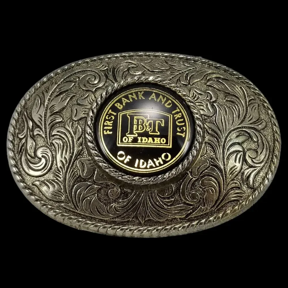 VTG FB&T Belt Buckle First Bank And Trust Of Idaho Western Filigree‎ Rope Edge